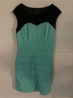 Aqua and Black Lace Yoke Mini Dress